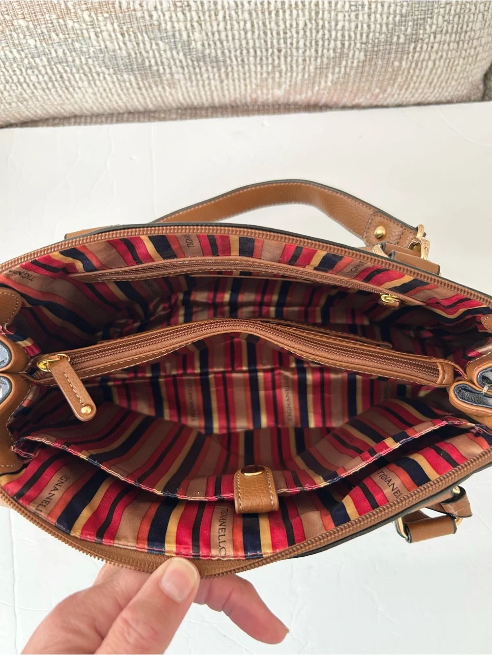 Tignanello Est. 1989 Brown Navy Leather Handbag Plus Shoulder Bag Gold Hardwar
